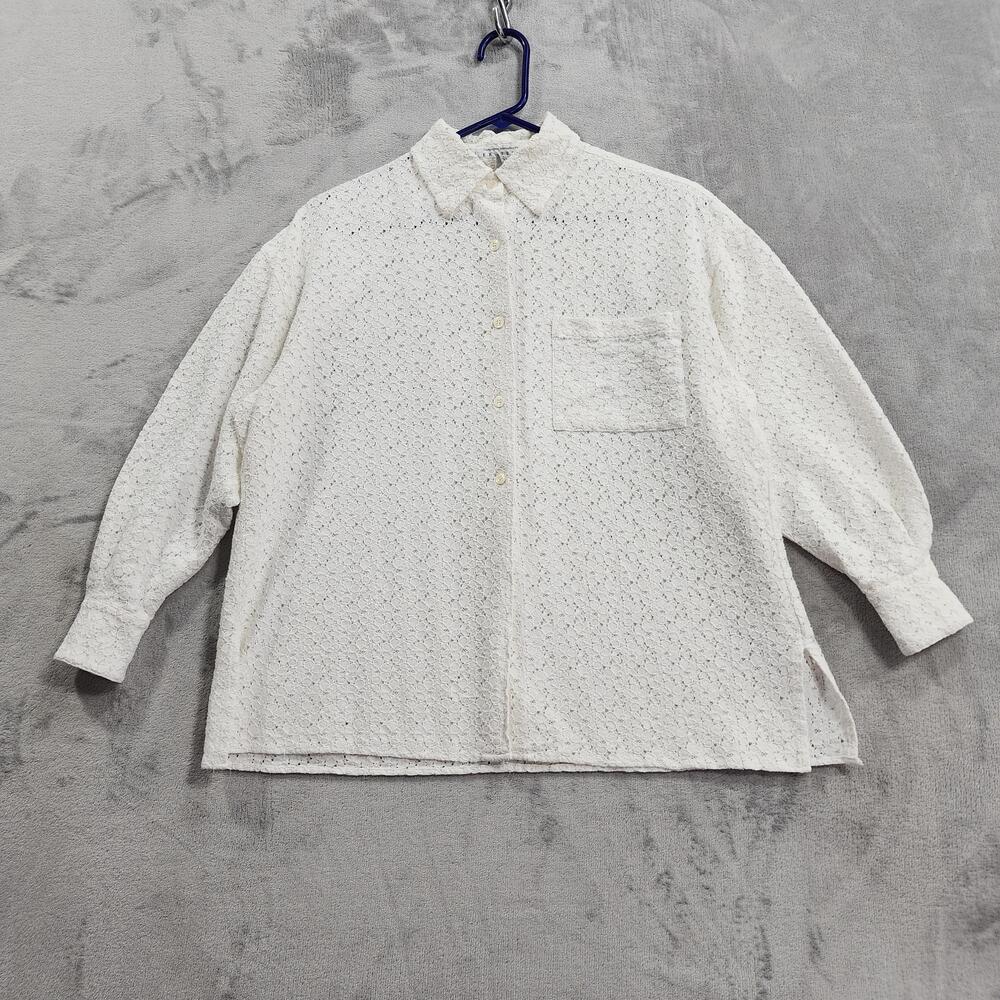 Vintage Express Shirt Womens XS/0 White Floral Eyelet Lace Oversized Button Up